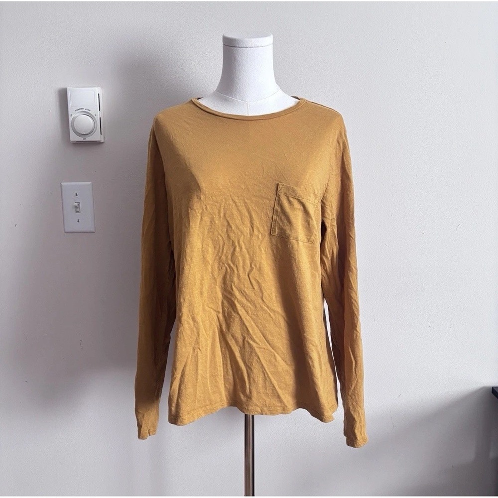 Garnet Hill Womens Large Organic Cotton Long Sleeve T Shirt Mustard Yellow Boho